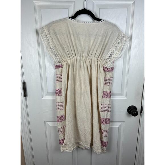 Cream Embroidered Floral Bird Colorful Cotton Boho Festival Dress Small Mexico - Picture 6 of 6